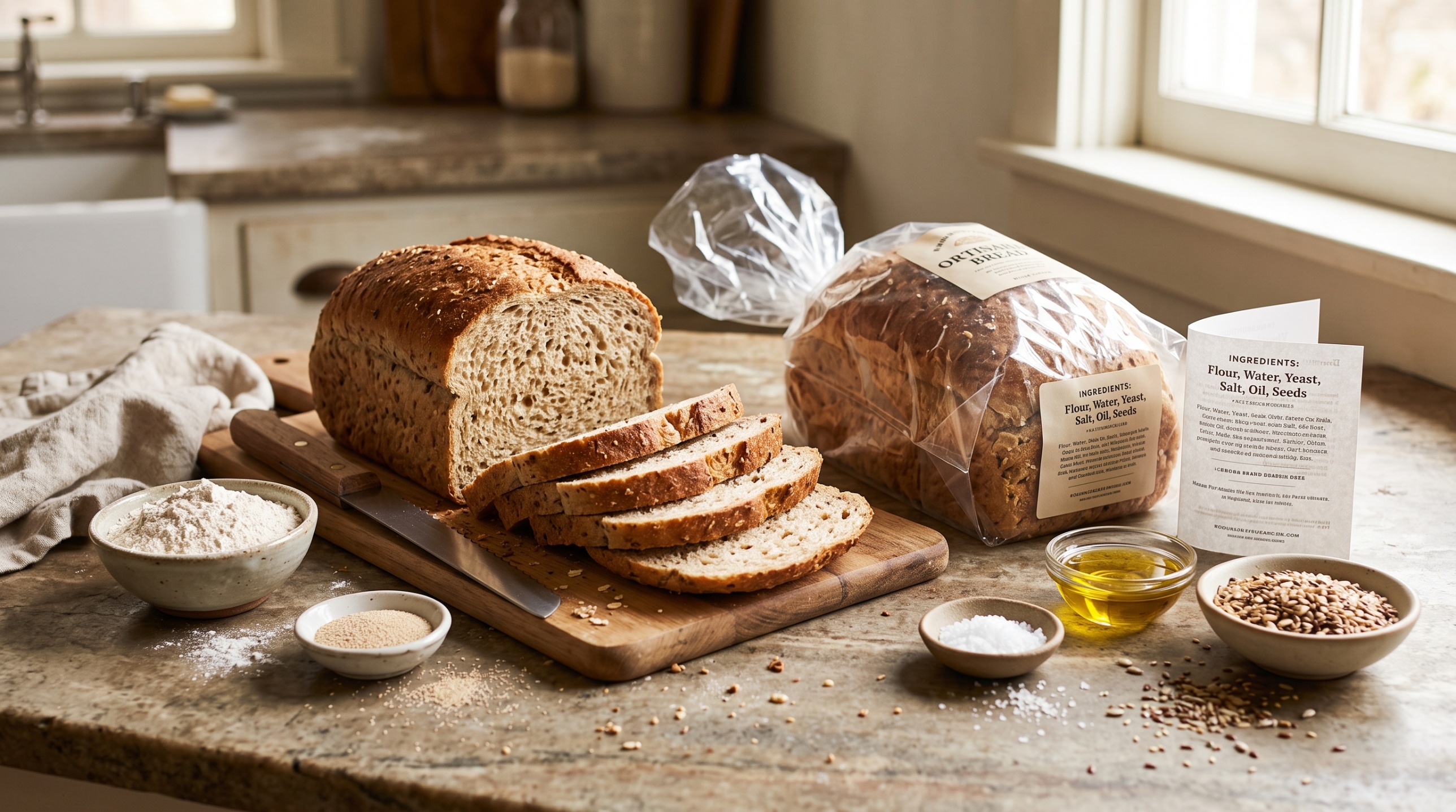 A sliced whole-grain loaf on a cutting board beside packaged bread, an ingredient label, and bowls of flour, yeast, salt, oil, and seeds
