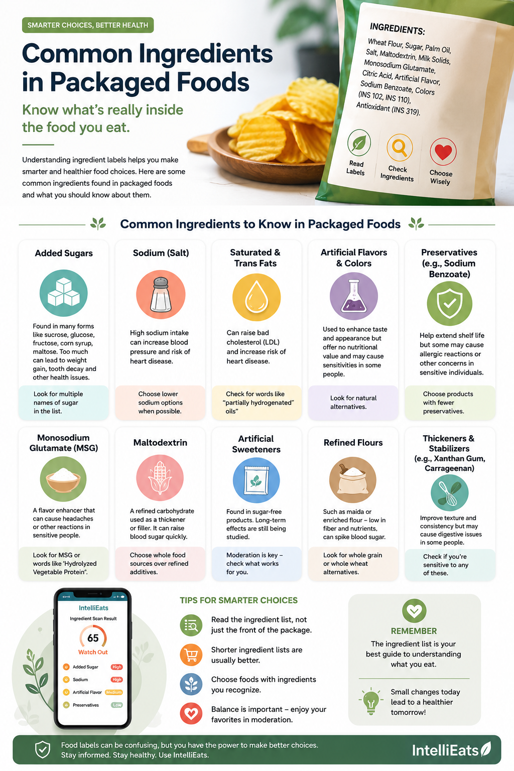 Infographic of common ingredients found in packaged foods including added sugars, sodium, preservatives, and flavor enhancers