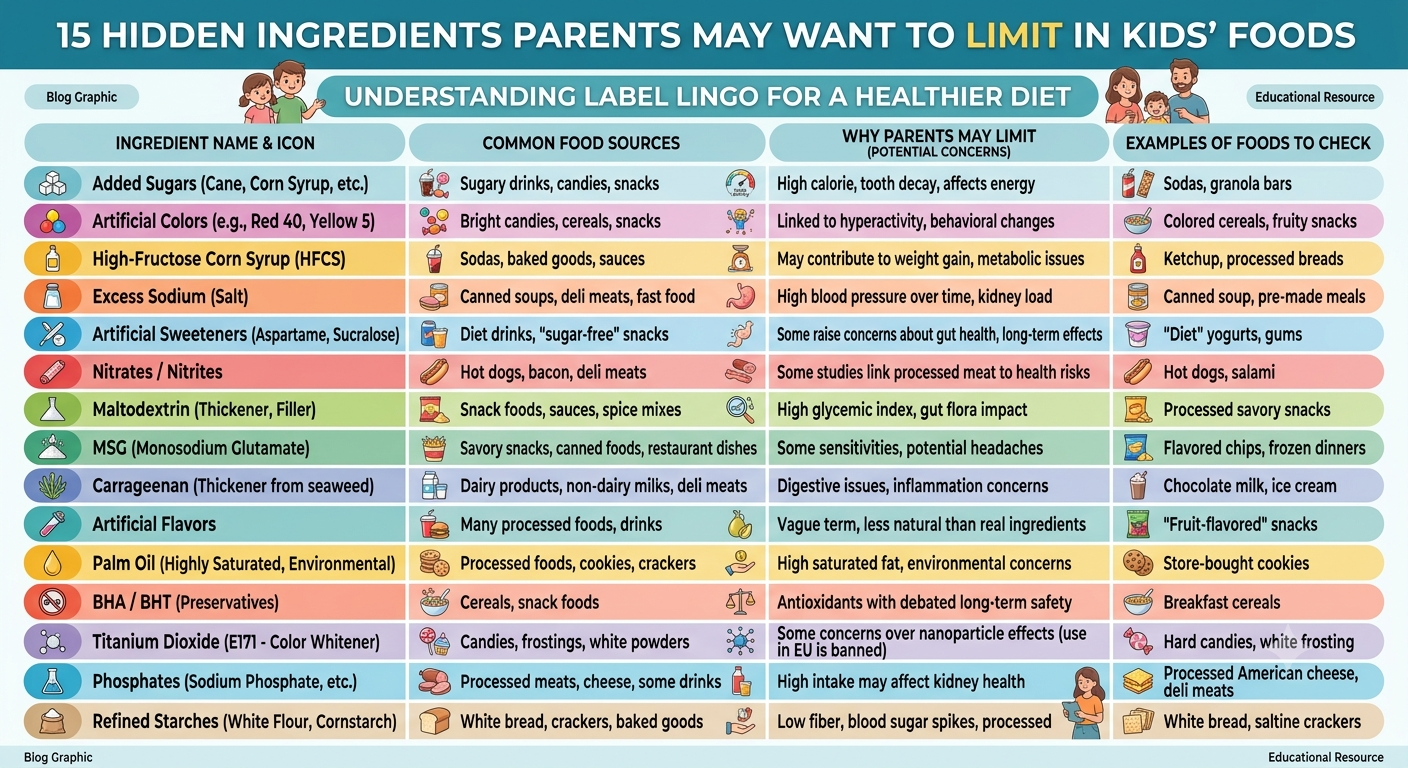 Infographic outlining 15 ingredients parents may want to limit in children’s foods, including common sources and considerations