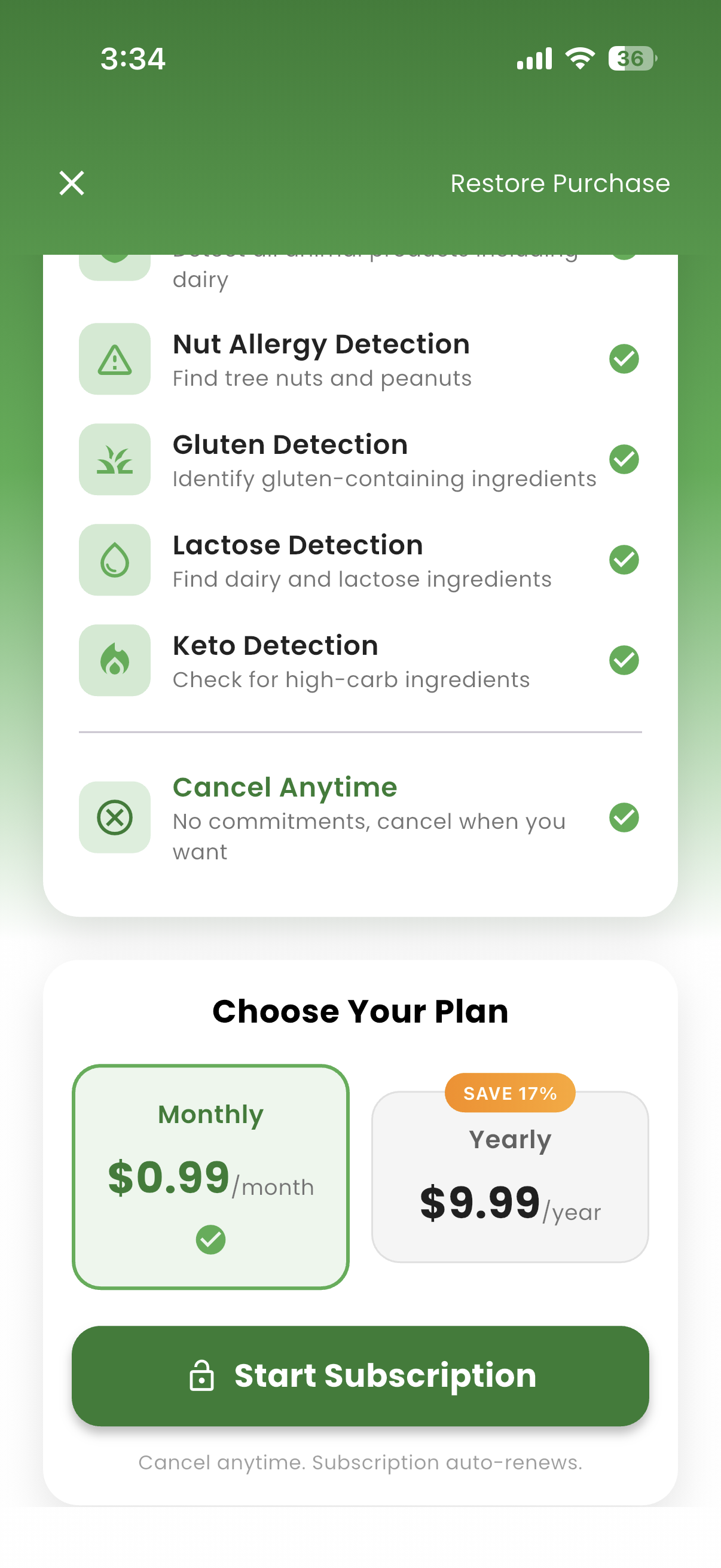 Detection settings screen with dietary restriction toggles