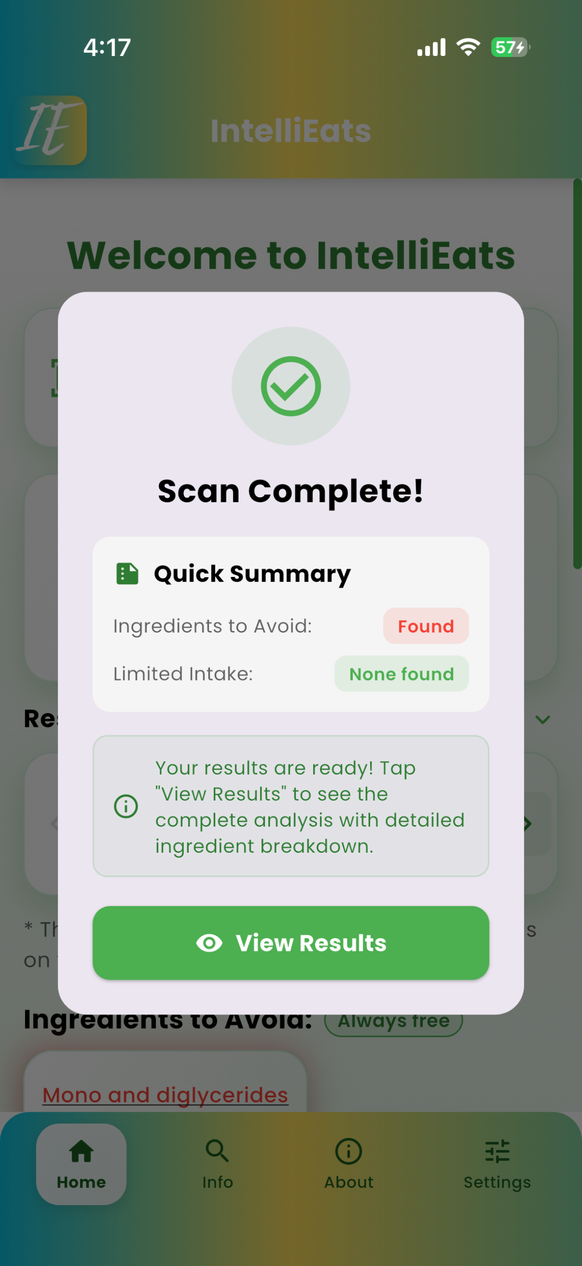 IntelliEats home screen with Camera and Gallery options for scanning an ingredient label