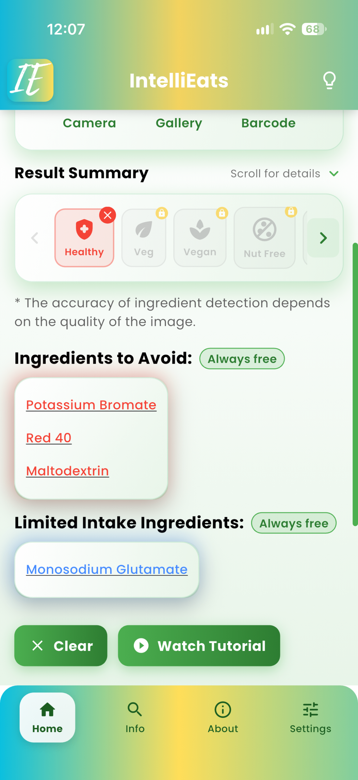 IntelliEats Scan Complete summary showing the ingredients identified from a label