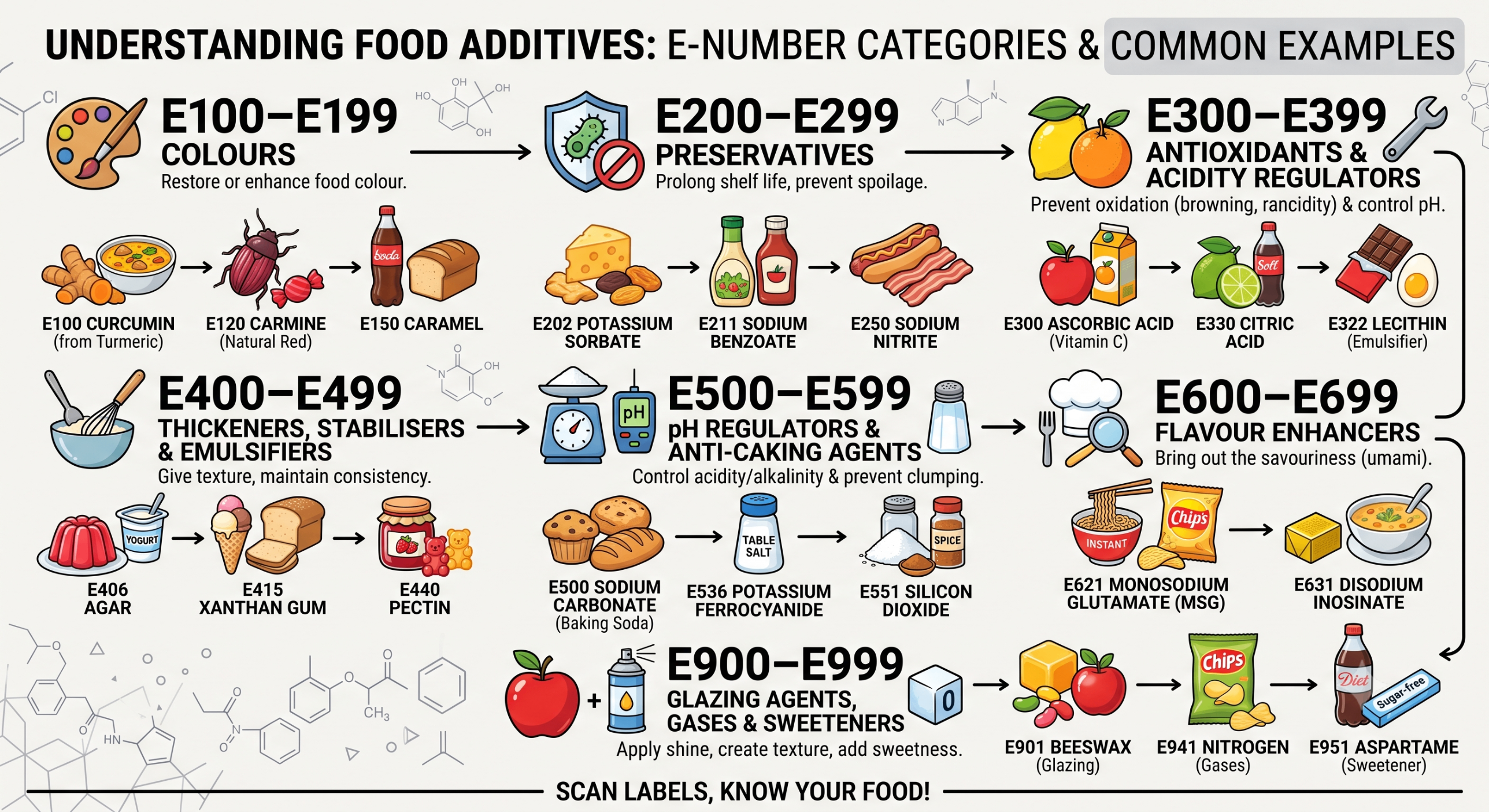 Illustrated overview of E-number food additive categories and common examples
