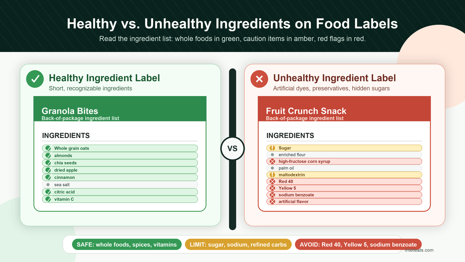 Side-by-side comparison of a healthy ingredient label with whole foods versus an unhealthy label with artificial dyes, preservatives, and hidden sugars