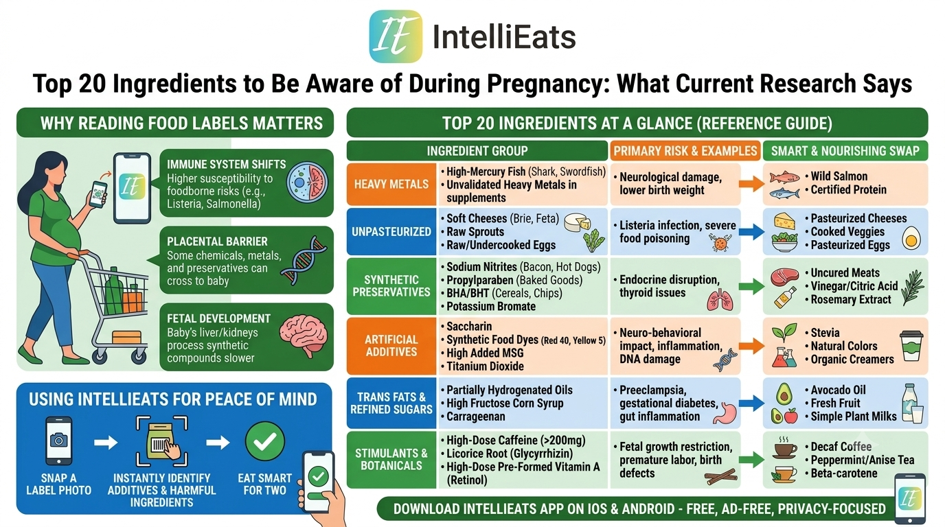 Illustrated IntelliEats pregnancy guide with ingredient concerns and nourishing swaps